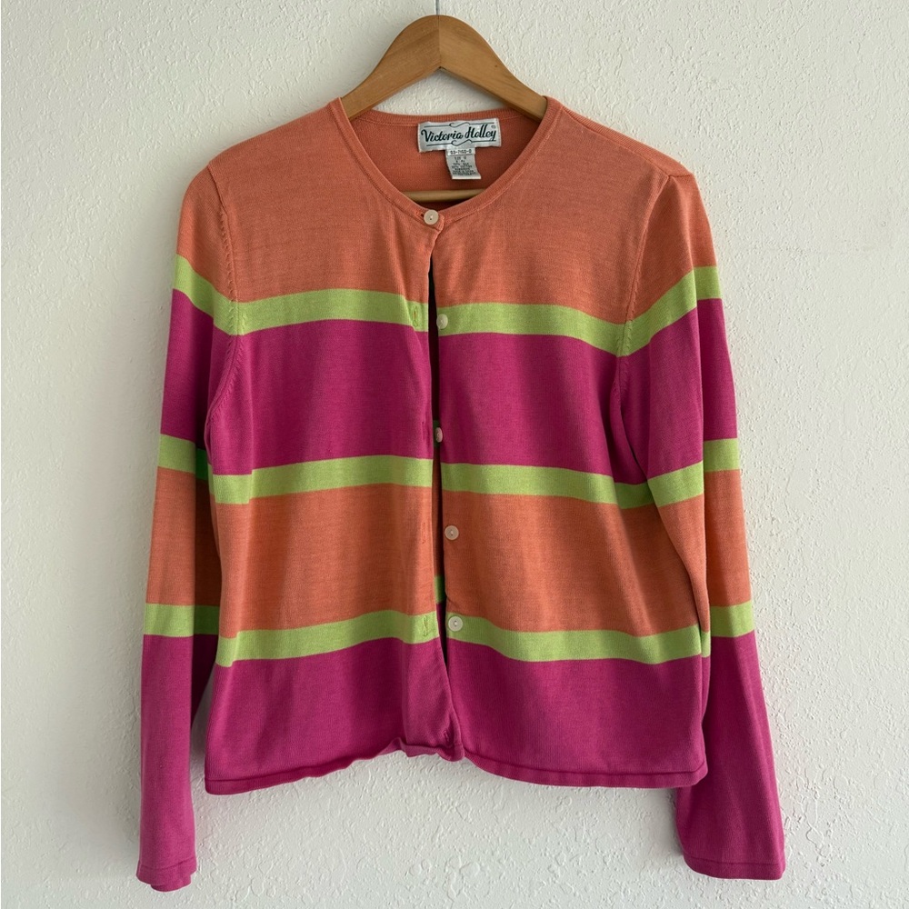 Vintage Colorblock Stripe Cardigan - Coral, Fuchsia & Lime silk and cotton